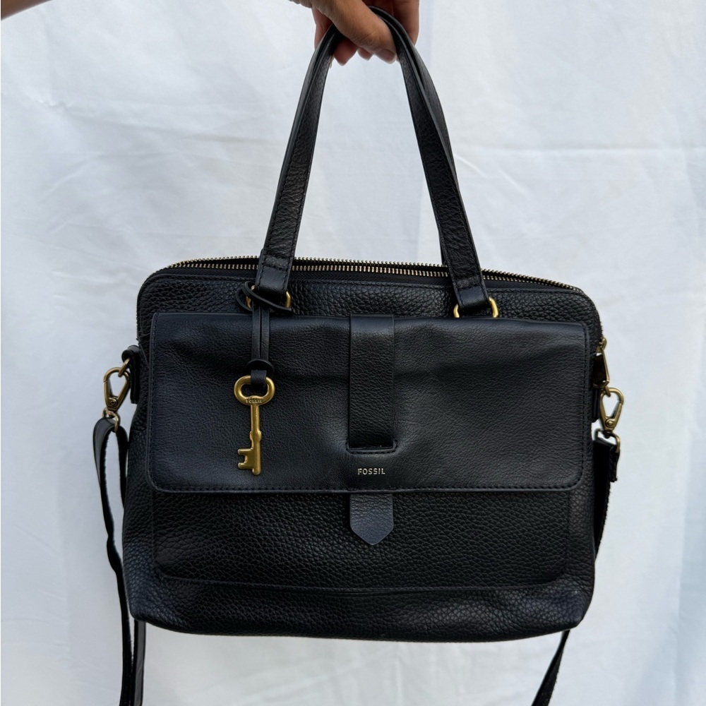 Fossil Black Leather Handbag with Gold Accents